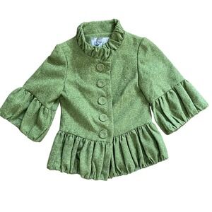 Mac and Jac Peplum Blazer Jacket XS Ruched Green Retro Feminine Ruffle Puff